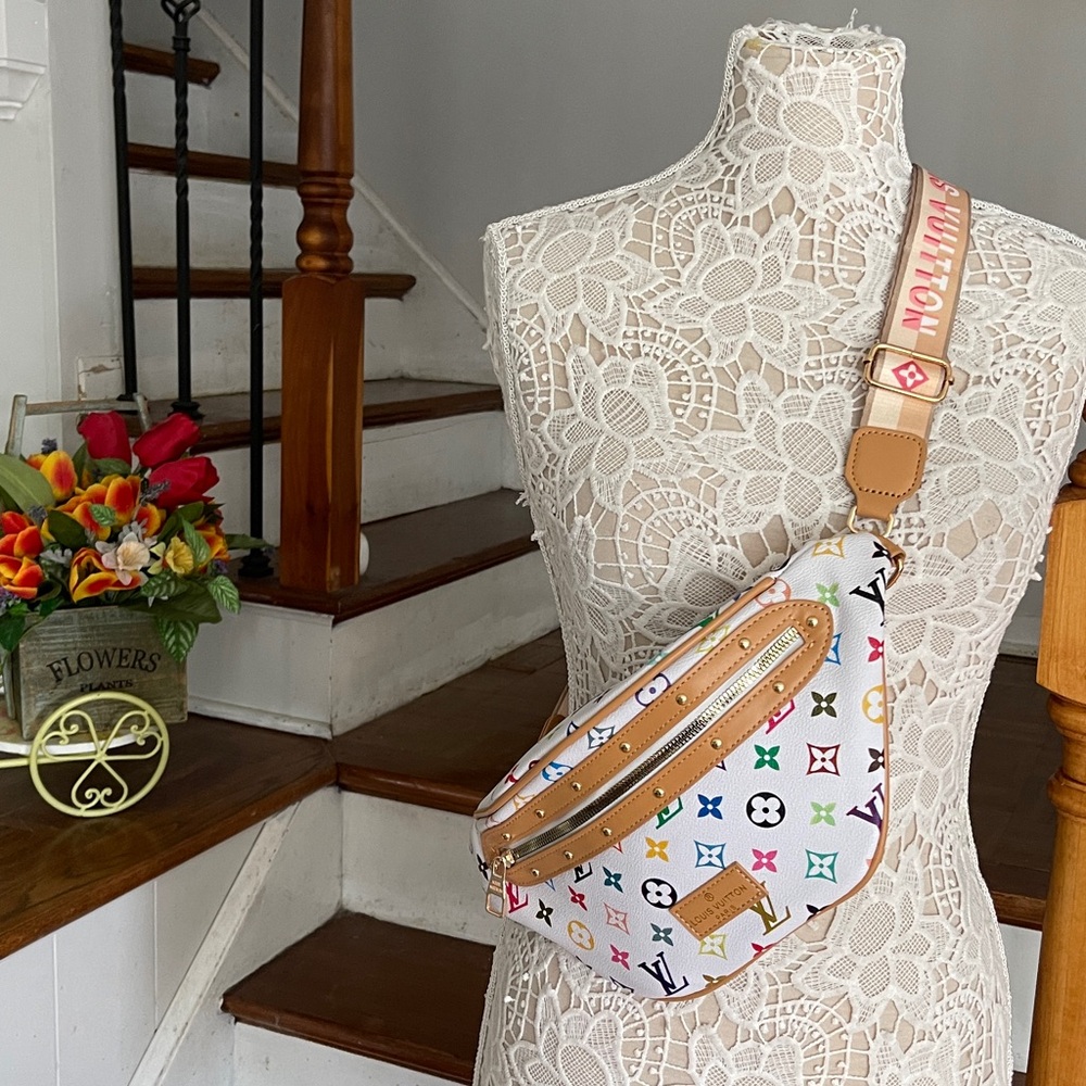 Designer-Inspired White Multicolor Monogram Crossbody Sling Bag